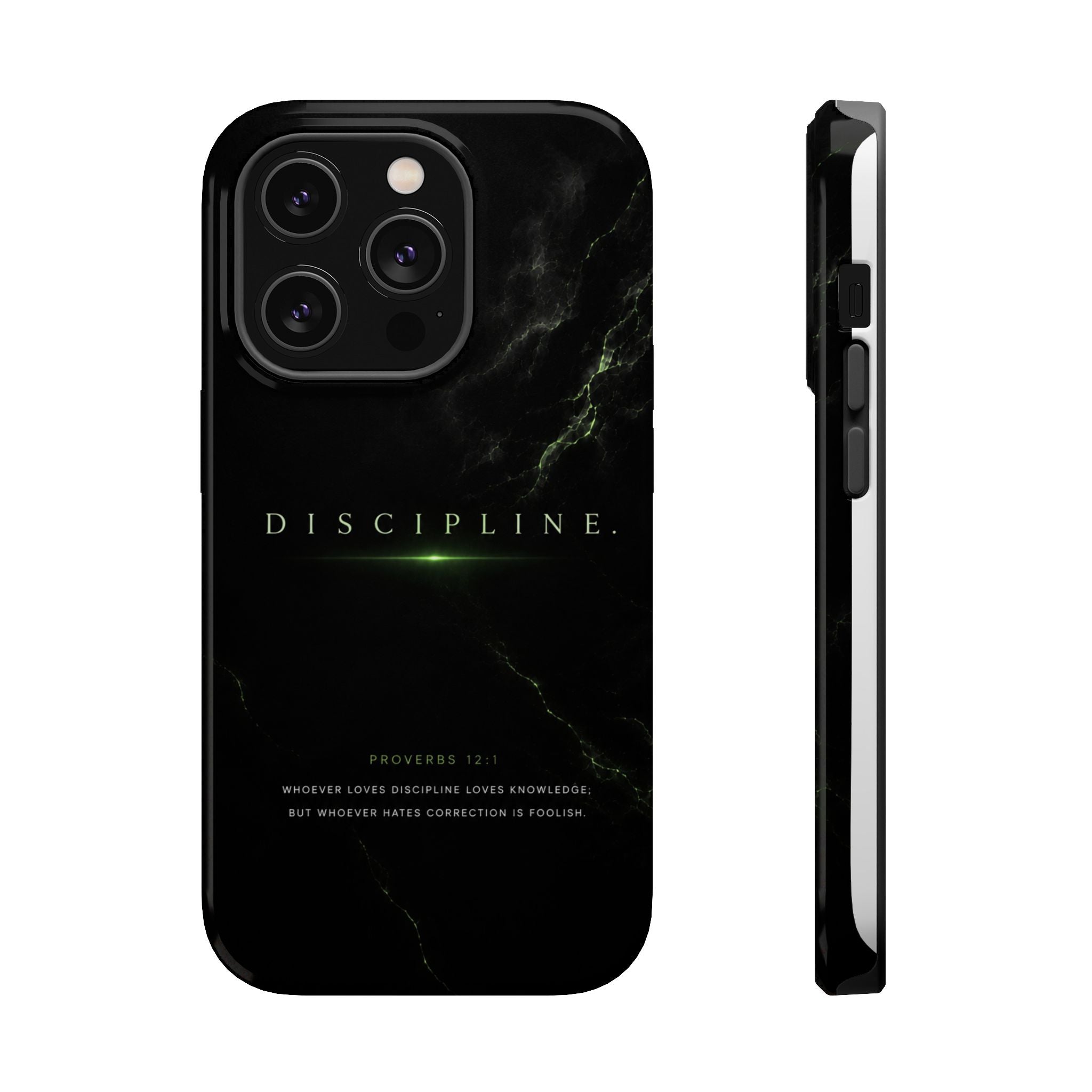 Phone Case for iPhone 17 / 16 / 15 / 14 Pro Max – Discipline | Black Marble Emerald Green | MagSafe Compatible